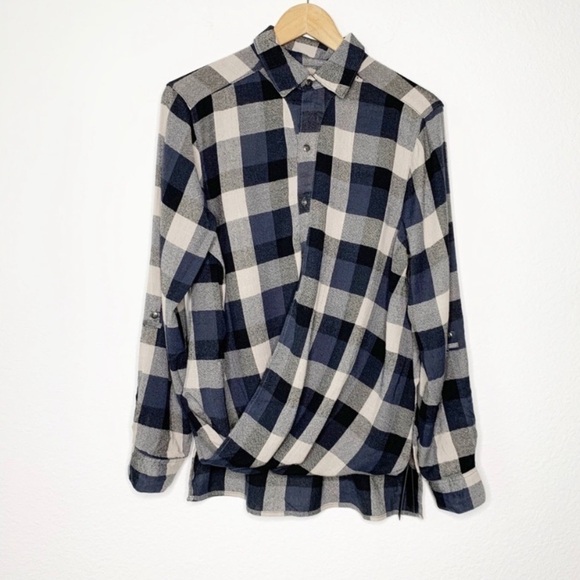 BlankNYC NWT Faux Wrap Plaid High Low Button Down Top Black Gray Size Small - Picture 8 of 11
